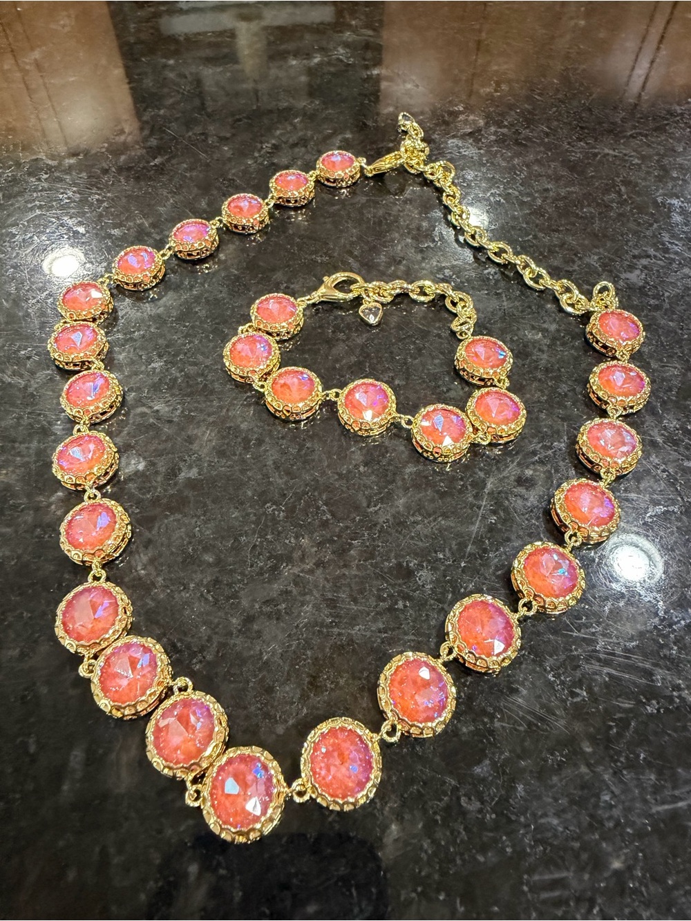 Gold-Tone Pink Crystal Necklace & Bracelet Set